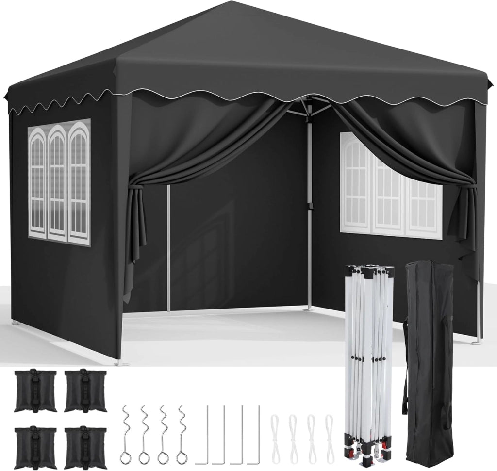 Gazebo 3x3, Gazebi Pieghevole Con Oxford 420D, Tenda Giardino Impermeabile, Per Feste, Con 4 Pareti Laterali, Padiglione Protezione UV 50+, Per Il Campeggio (Nero)