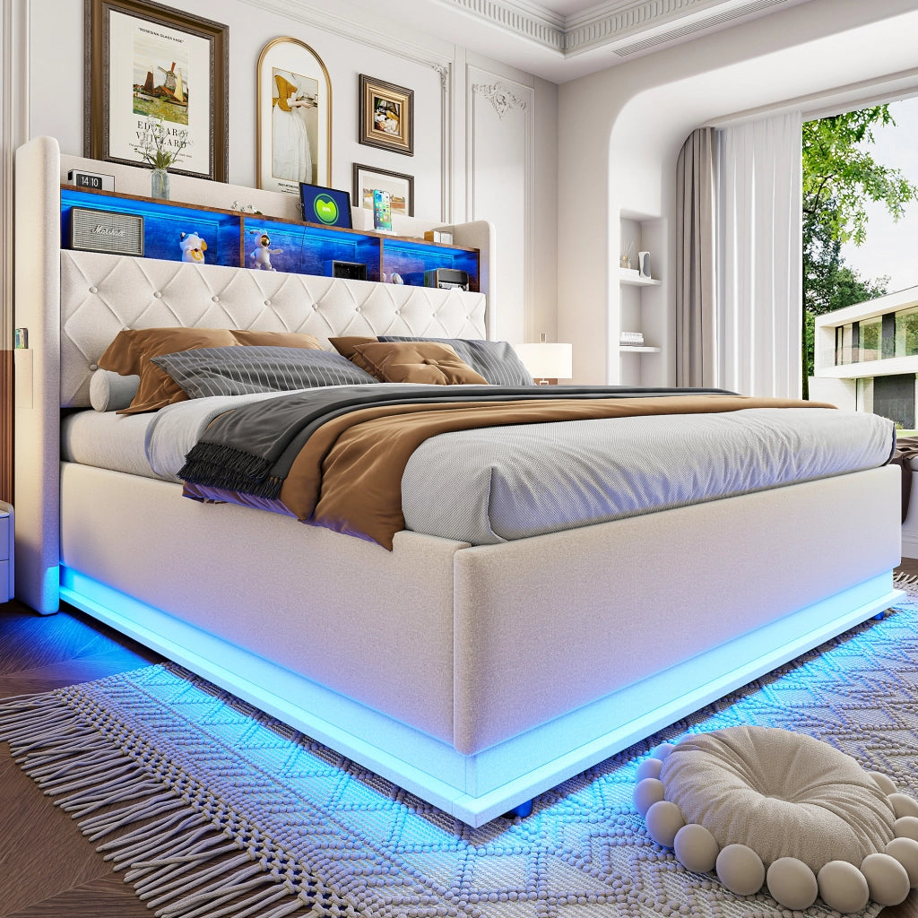 Letti contenitori 180x200 cm; luci LED multicolore e USB; tessuto; beige