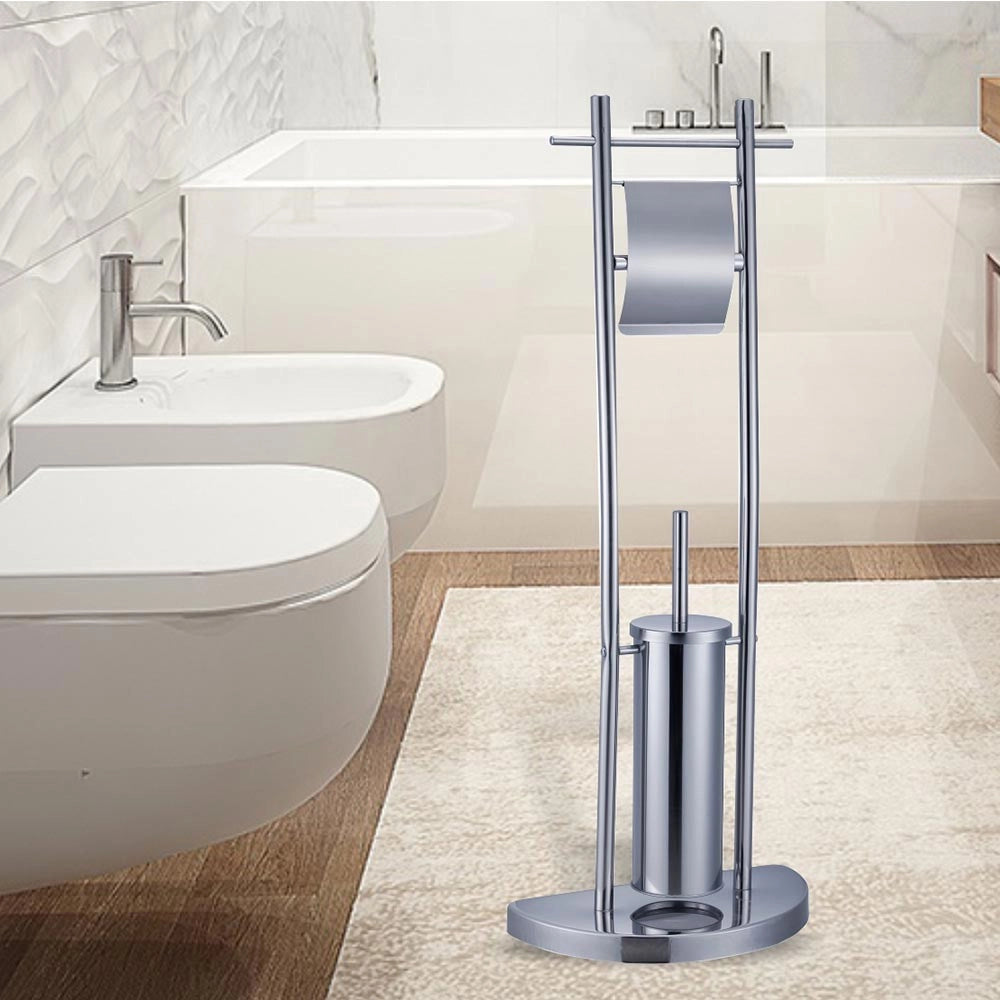 Trade Shop - Piantana Bagno Portarotolo Portascopino Acciaio Cromato Da Terra Wc Altezza 84cm -