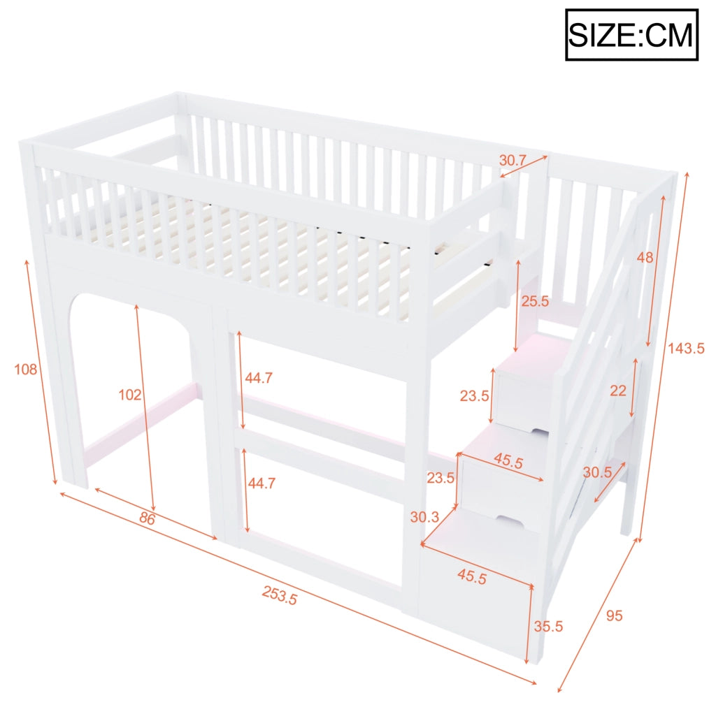 Letto a soppalco per bambini 90x200 cm con scala contenitore e LED