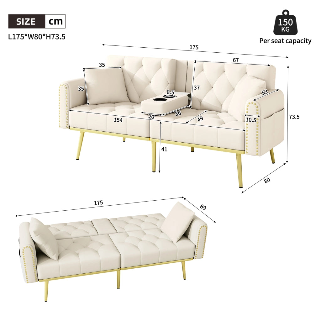 DIVANO LETTO 175x80x73,5 cm in velluto beige con schienale regolabile