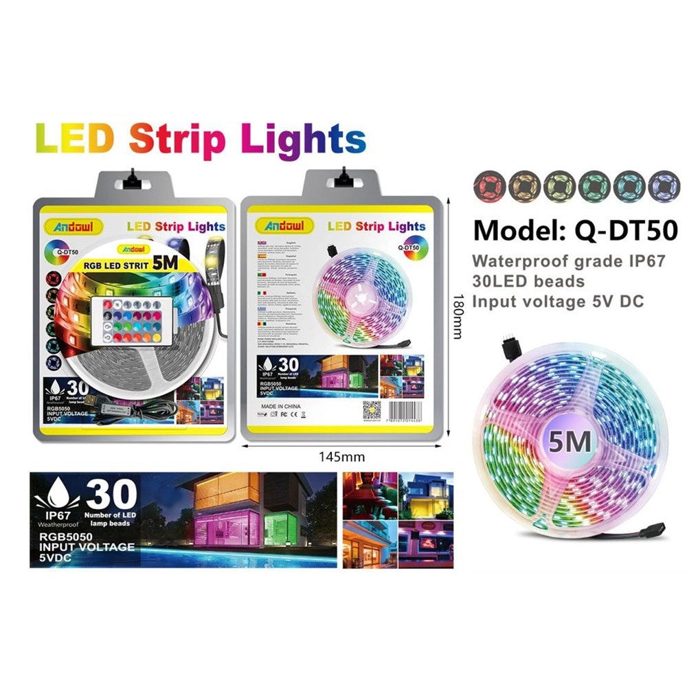 Trade Shop - Striscia Luminosa Led Rgb Smd5050 Impermeabile Ip67 Usb 5v Dc Con Telecomando 5mt Q-dt50 -