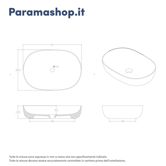 Lavabo da appoggio ovale con bordo slim 61x41x13,5 cm bianco lucido