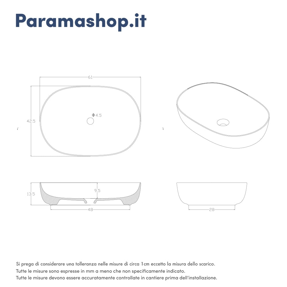 Lavabo da appoggio ovale con bordo slim 60x40x13,5 cm Bianco opaco