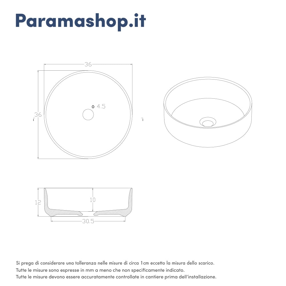 Lavabo da appoggio tondo 36x36x12 cm Bianco