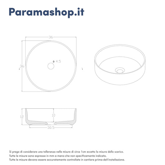 Lavabo da appoggio tondo 36x36x12 cm Bianco