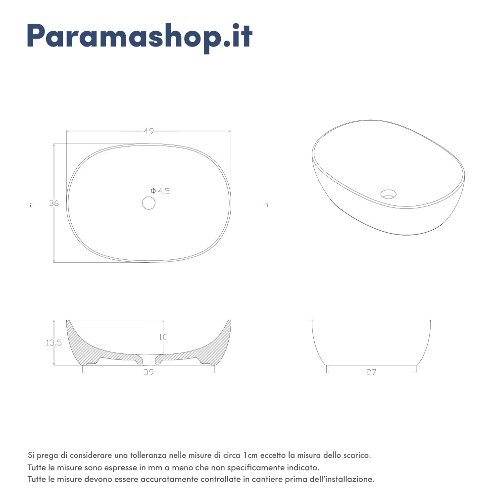 Lavabo da appoggio ovale con bordo slim 49x36x13,5 cm Bianco