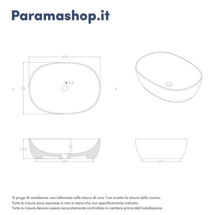 Lavabo da appoggio ovale con bordo slim 49x36x13,5 cm Bianco