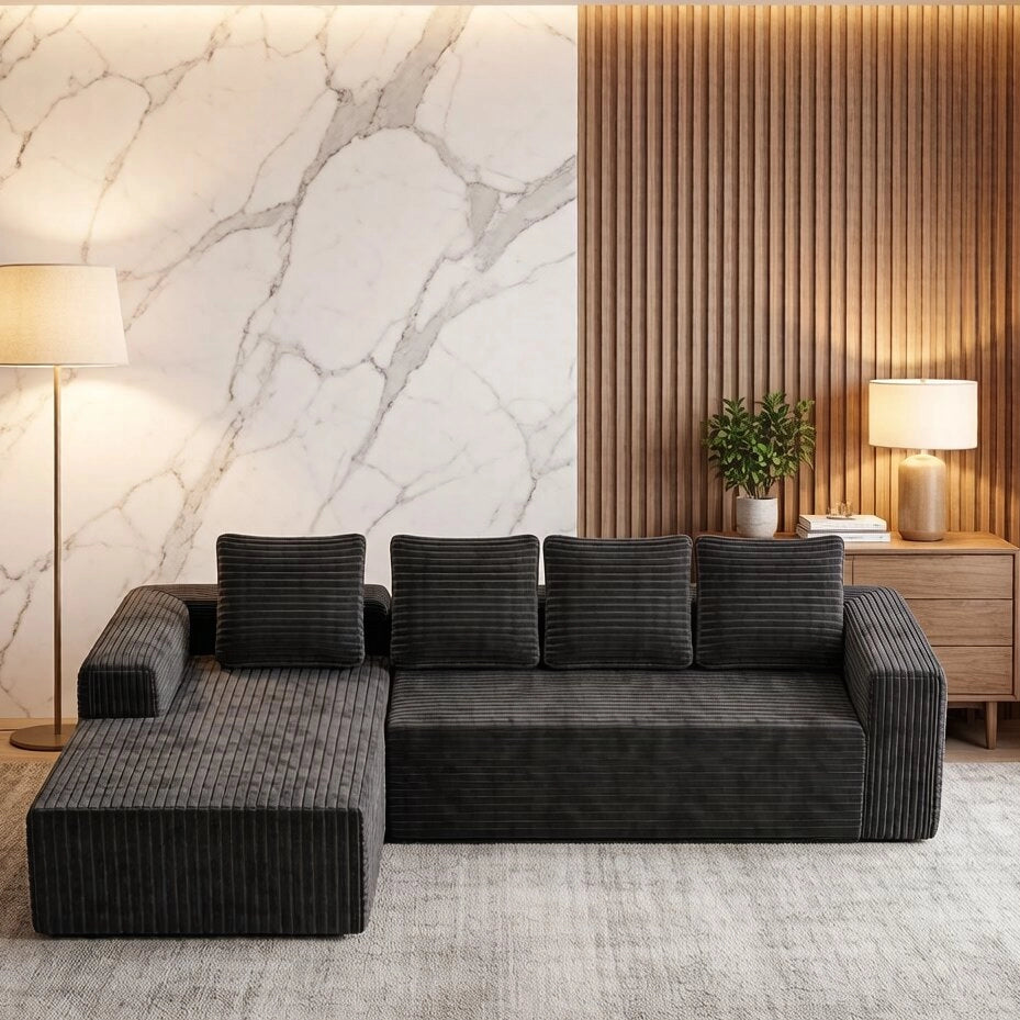 Divano angolare modulare a L con chaise longue reversibile e seduta profonda in velluto a coste - grigio
