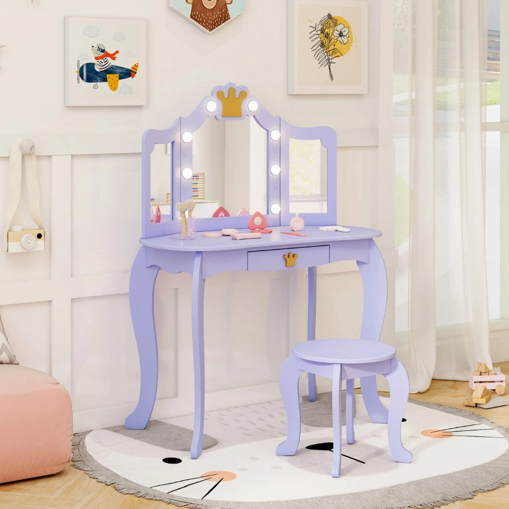 Set da trucco per bambini con specchio illuminato, Set da trucco con tavolo e sedia con specchio Viola