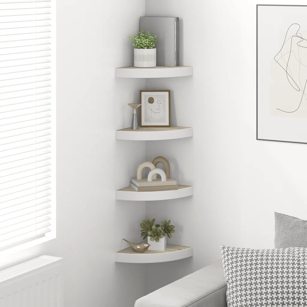 Mensole Angolari 4 pz Rovere e Bianco 25x25x3,8 cm in MDF 326632