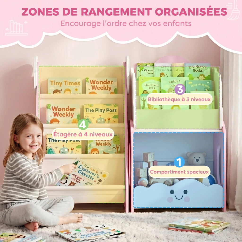 Libreria e contenitore per bambini 3-8 anni, scaffale per giocattoli rosa modulare con 4 ripiani e portariviste, pratico, per cameretta