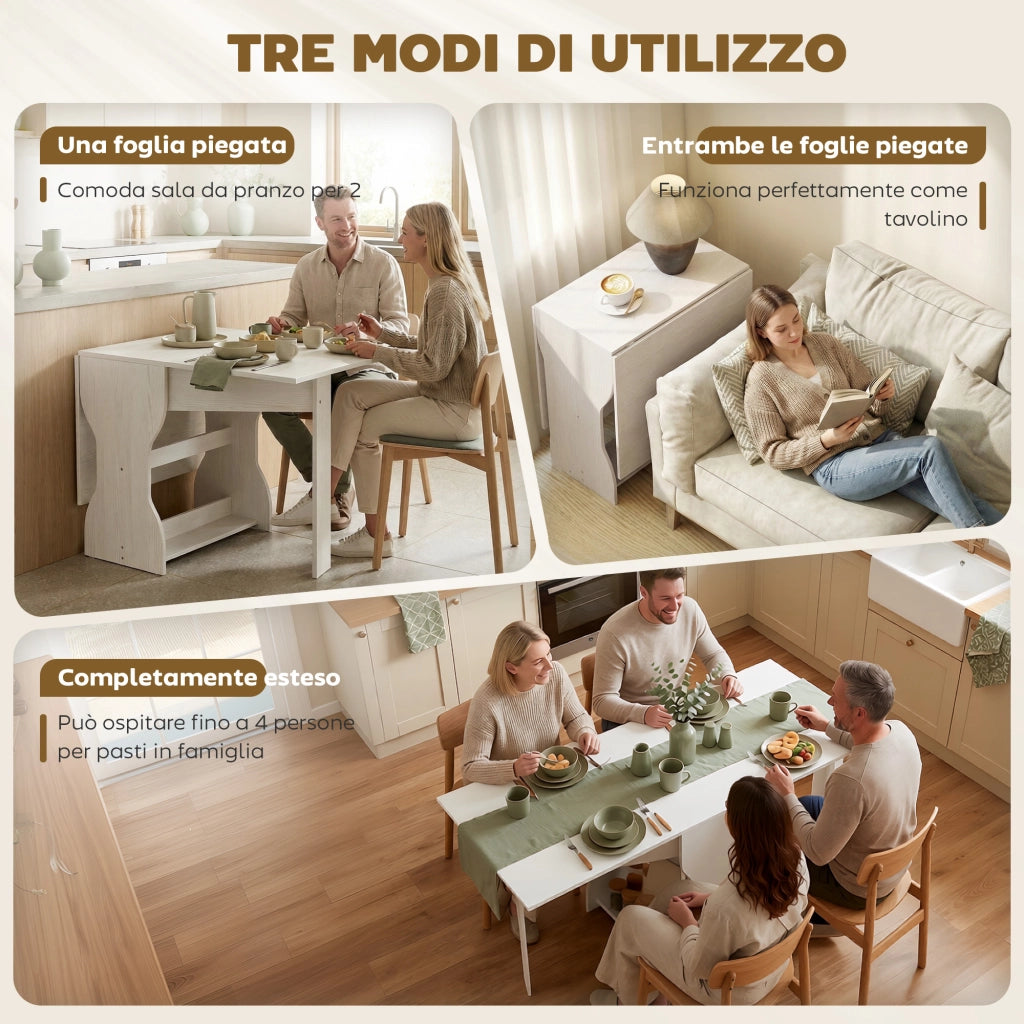 Tavolo da Pranzo Pieghevole per 4 Persone con Ripiano, in Legno, 160x60x75 cm, Bianco