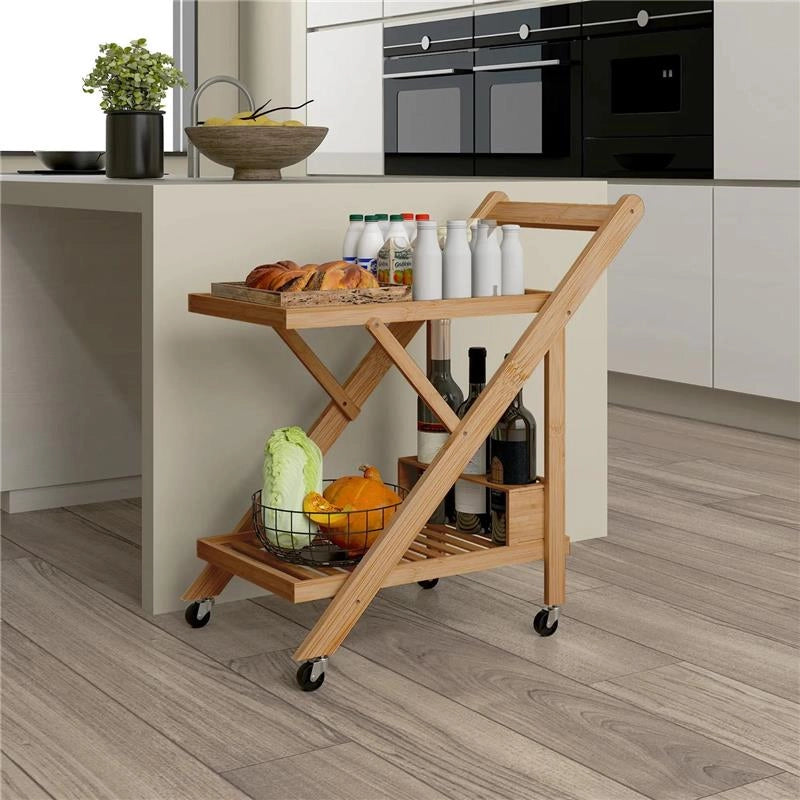 CARRELLO DA CUCINA PORTAVIVANDE PIEGHEVOLE A 2 LIVELLI CON PORTABOTTIGLIE IN LEGNO DI BAMBOO