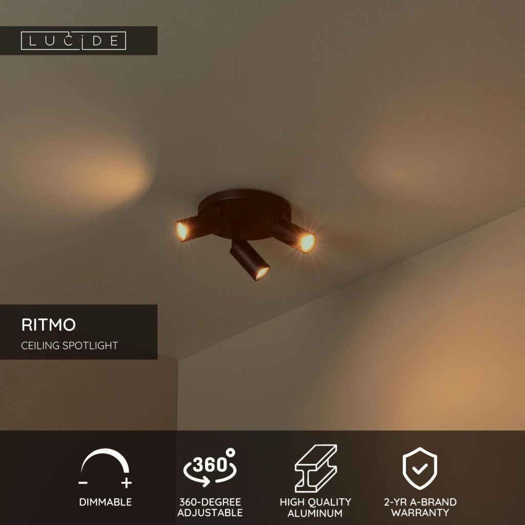 Faretto soffitto RITMO 3xMR11 nero alluminio Lucide
