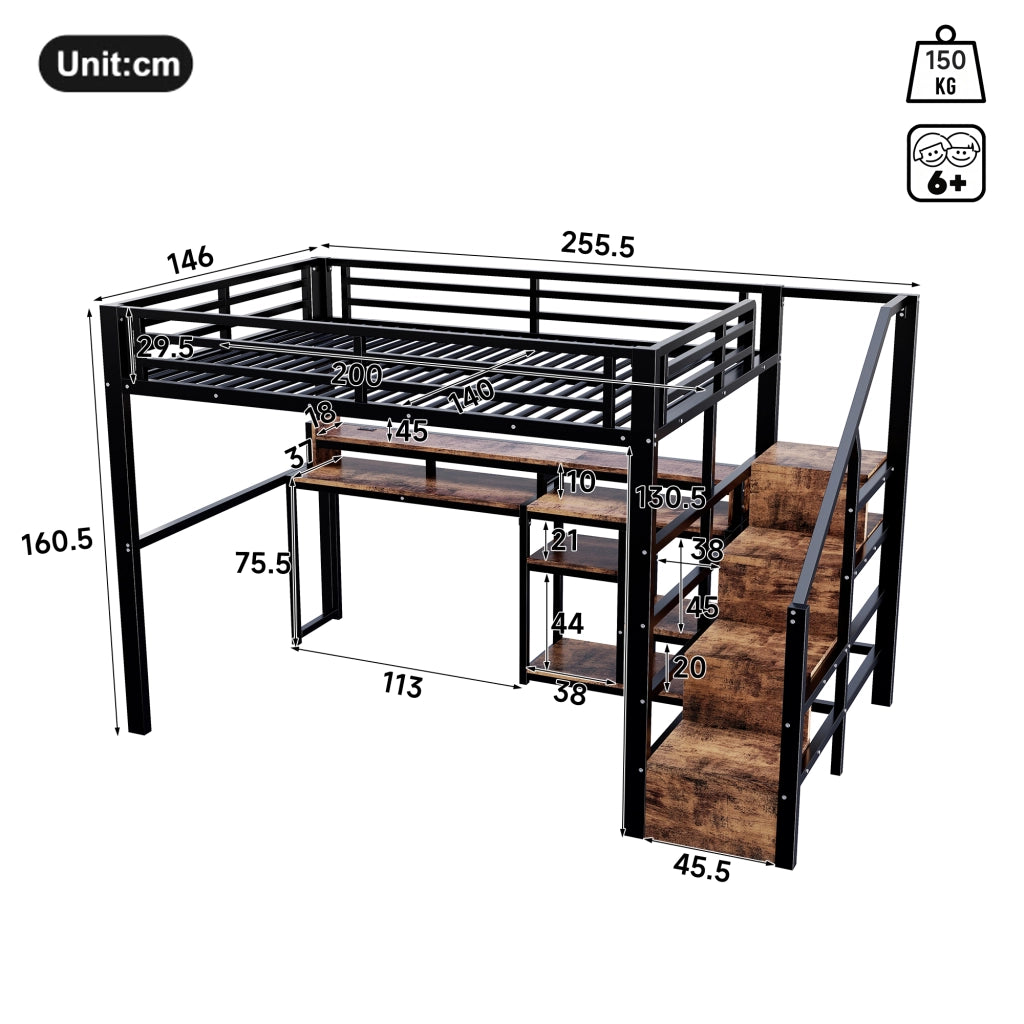 Letto a soppalco 140x200 cm per 2 persone con scala contenitore, prese USB/Type-C, ripiano e illuminazione LED, metallo nero
