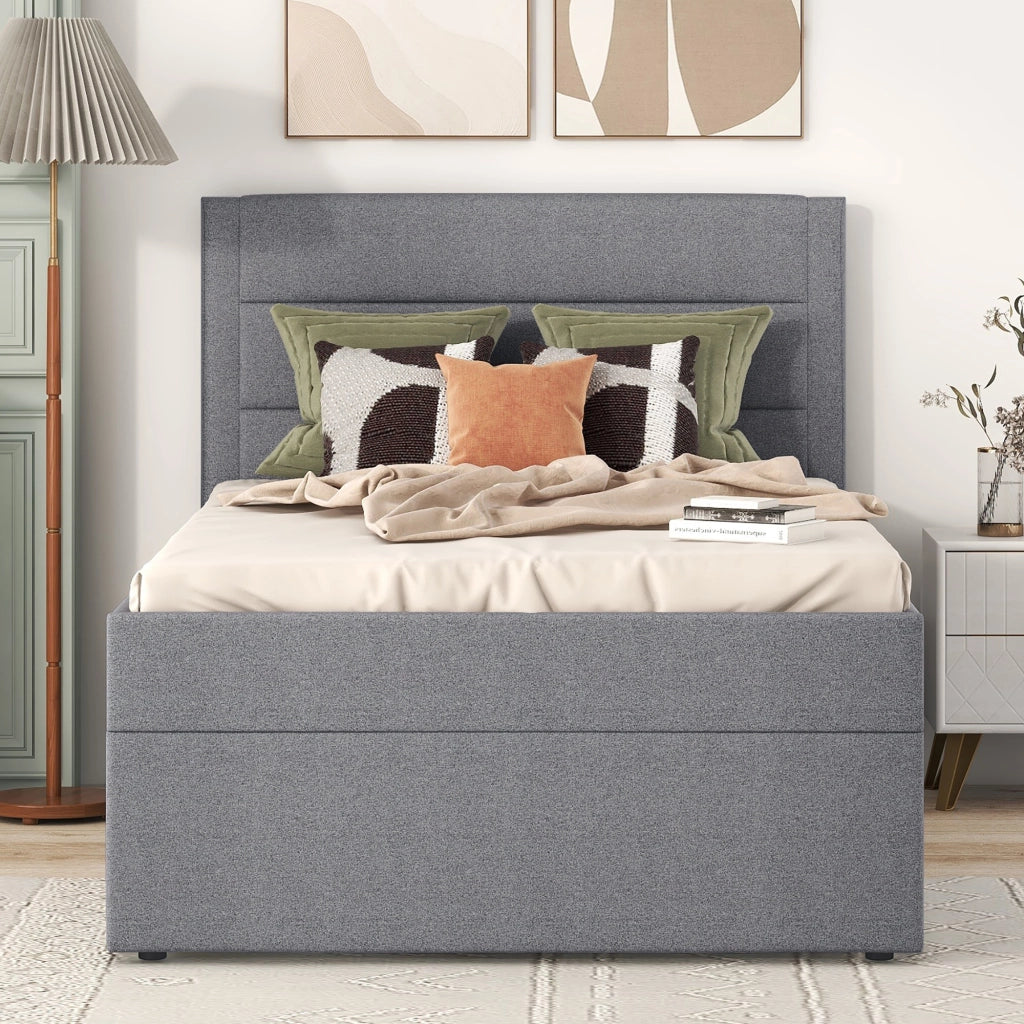 LETTO Imbottito 90x200 cm Grigio con contenitore in lino e MDF