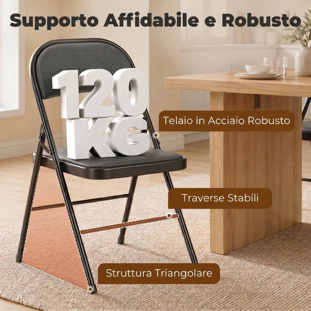 Set 2 Sedie Imbottite Pieghevoli ¨C Zephmum ¨C Similpelle Nero e Metallo 45x46x78 cm