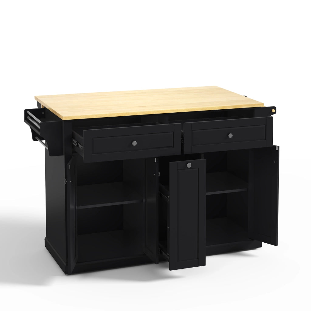 Isola Cucina Mobile 121x49/69x89 cm Nero e Legno con Piano Ribaltabile, 2 Cassetti e Ruote