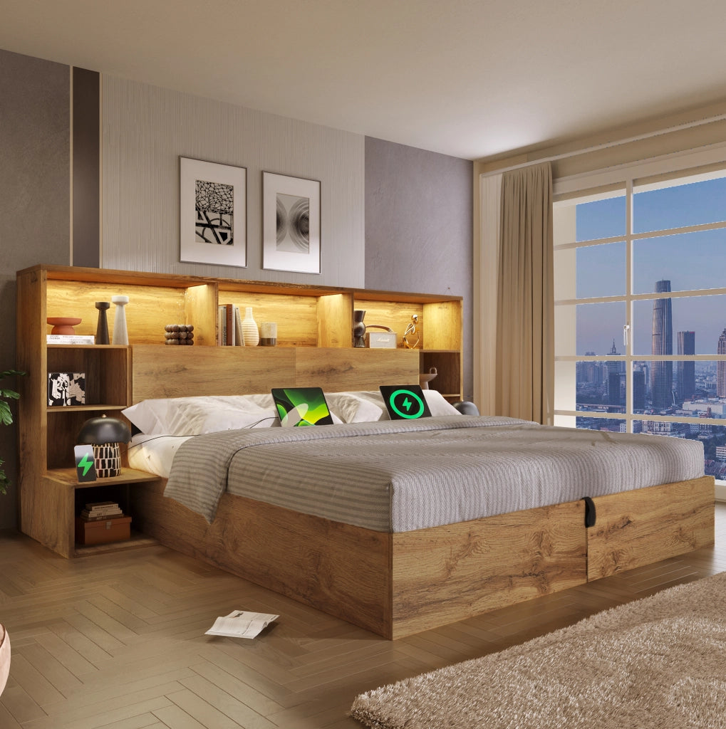 Letto matrimoniale in effetto rovere con testiera contenitore, LED e porte USB-C
