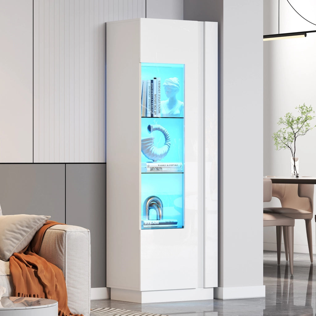 Vetrina con porta in acrilico e LED a controllo app, 5 vani e ripiani in vetro, per soggiorno, bianco, 60 × 40 × 180 cm
