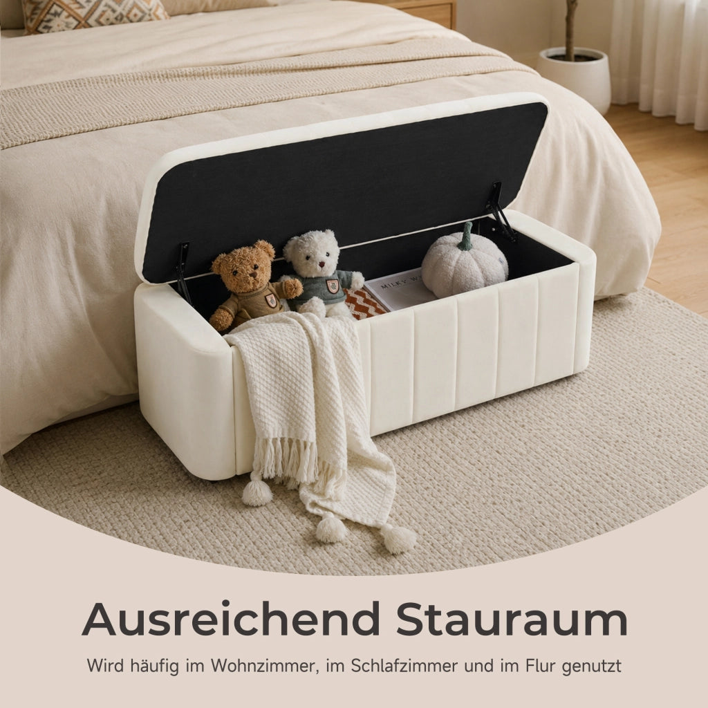 Panca contenitore in velluto con angoli arrotondati e seduta imbottita per soggiorno e ingresso beige 132 × 47 × 24 cm