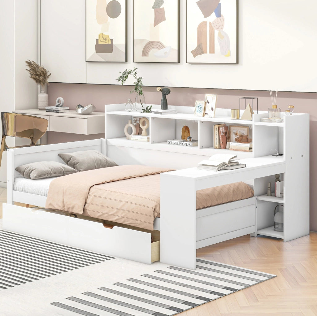 Letto multifunzione 90x200 cm con scrivania, cassetti e prese USB
