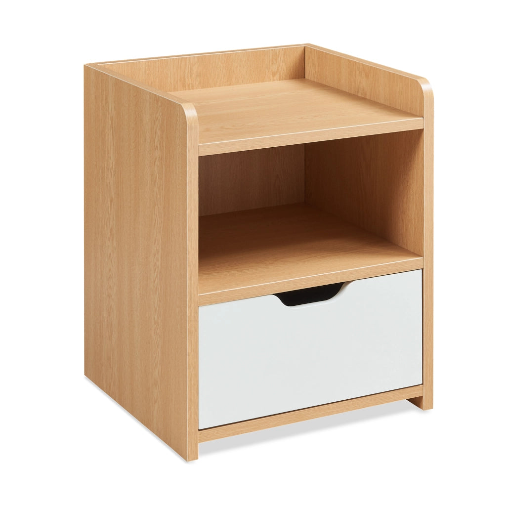 Comodino Bordkak con Cassetto e Scomparto Aperto 45 x 36 x 34 cm - Effetto Rovere / Bianco [en.casa]
