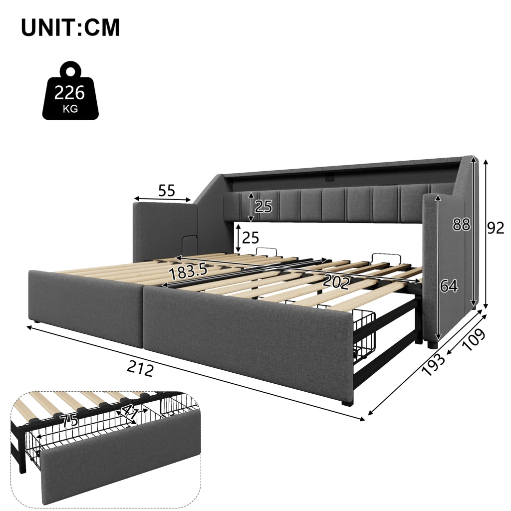 Letto estraibile singolo 90×200 cm e 180×200 cm con USB; Type-C; LED; 2 cassetti; senza materasso; grigio