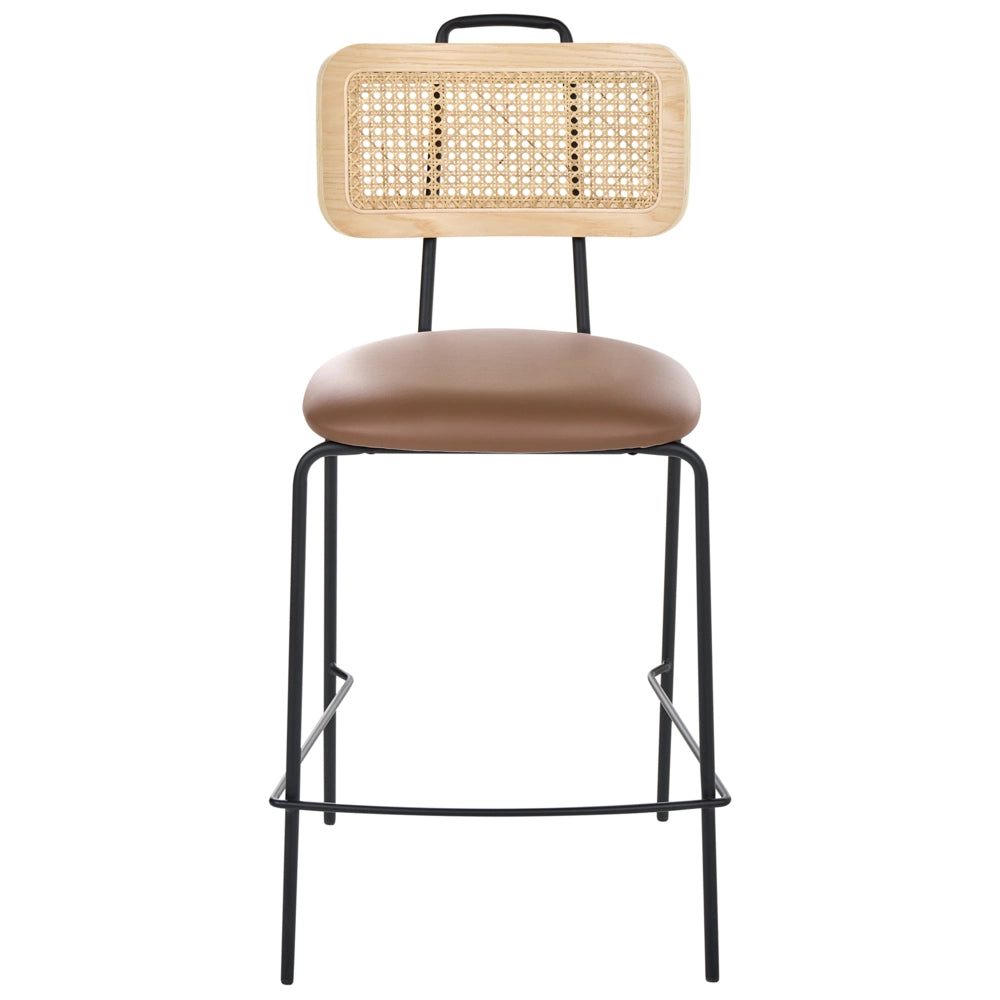 Set di 2 sedie da bar con seduta in ecopelle marrone schienale in rattan gambe in ferro senza braccioli cappucci protettivi design boho moderno