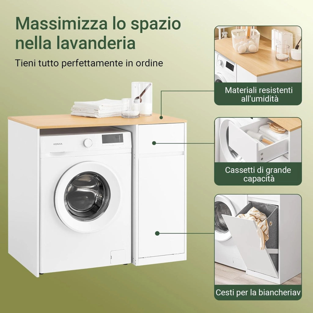 Mobile per lavatrice – Armadio da bagno con cesto portabiancheria e cassetto, per lavatrice e asciugatrice, Mobiletto salvaspazio legno, Bianco,100×60×90 cm, BZR217-WN