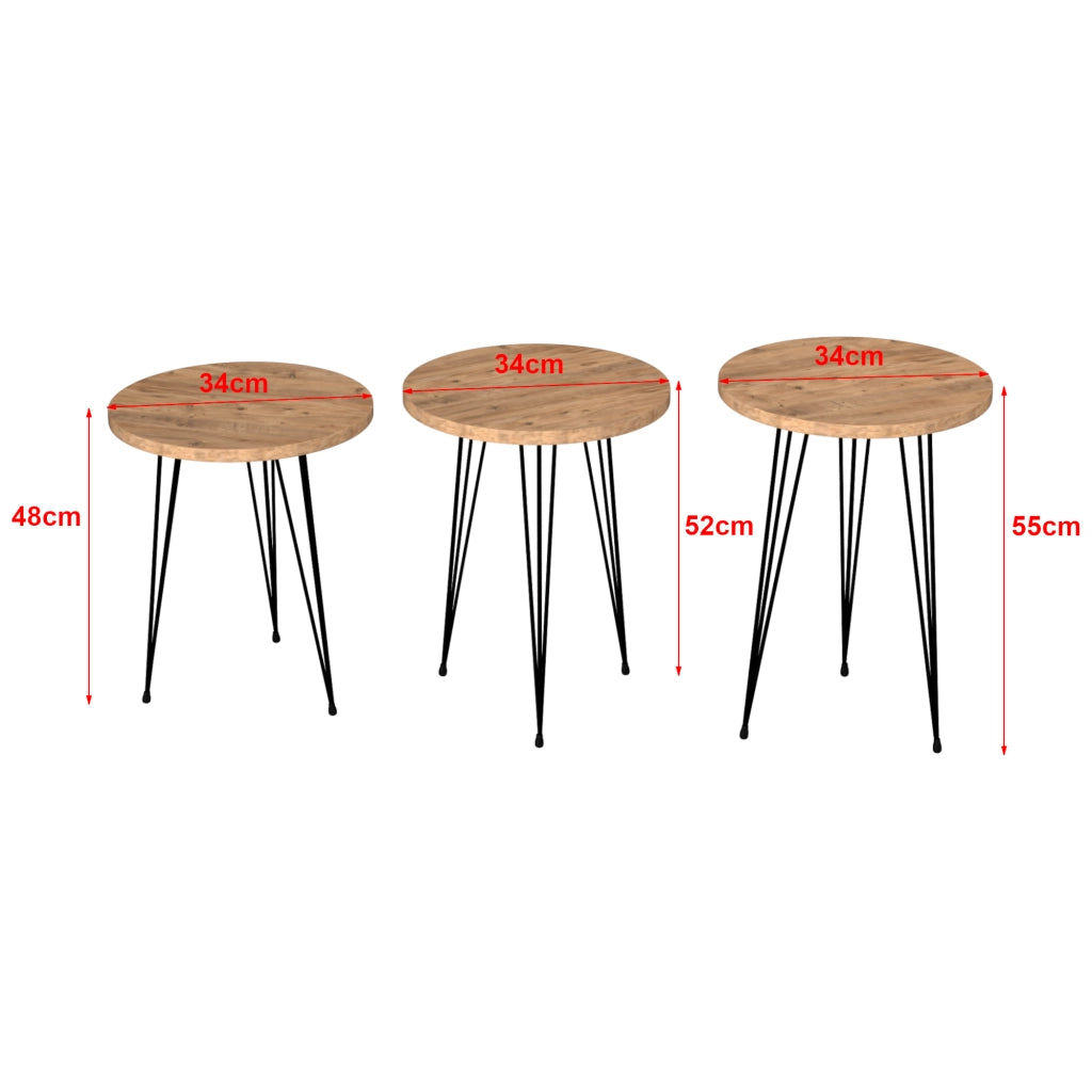 Set 'Ry' di 3 Tavolini Bassi da Salotto Tavolini in Altezze Diverse Gambe a Forcina e Piano Rotondo - Effetto Legno / Nero [en.casa]