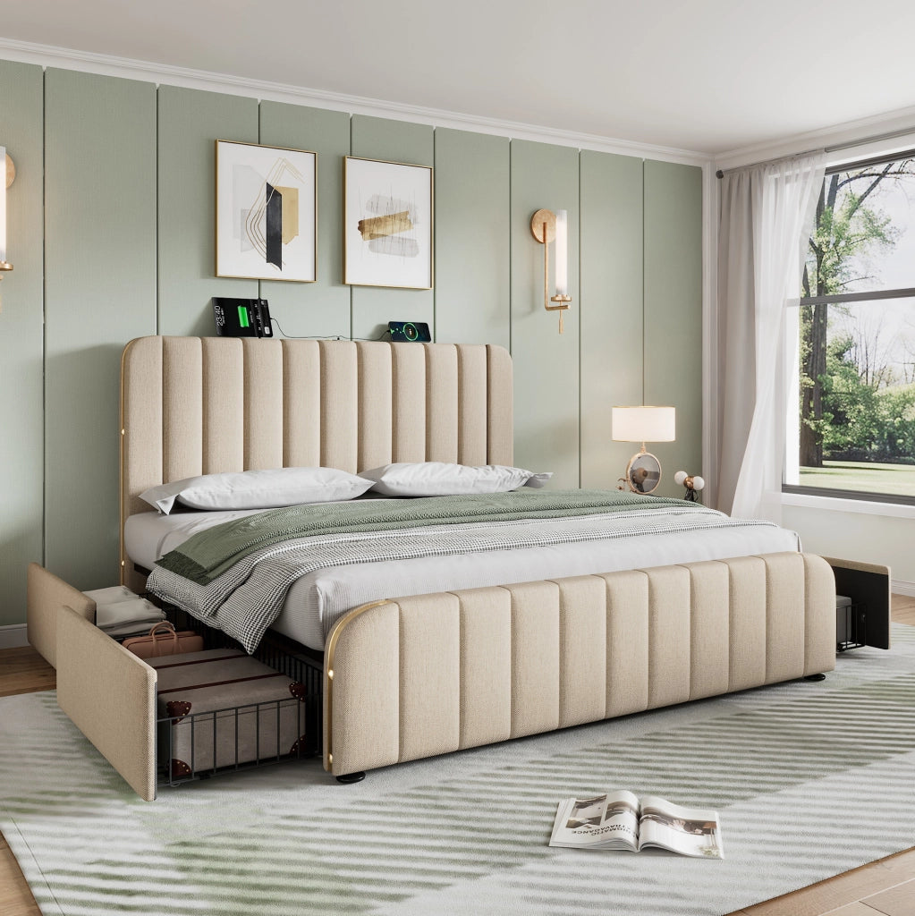 Letto matrimoniale imbottito con USB, 4 cassetti e struttura resistente