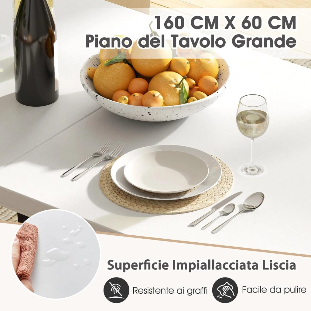 Tavolo da Pranzo, Tavolo Moderno per 6-8 Persone con Piano in Finto Marmo e Gambe in Metallo, Tavolllo Rettangolare da per Sala da Pranzo, Soggiorno e Cucina, 160 x 60 x 76 cm, Bianco