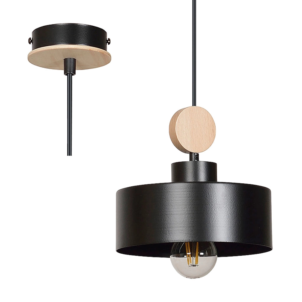 Sospensione 1 Luce Zhurong In Acciaio Nero E Legno Naturale