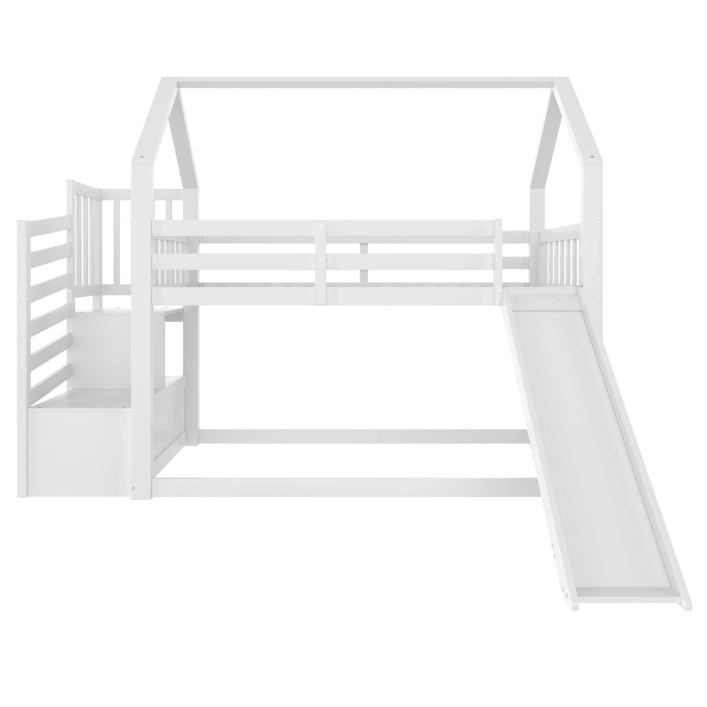 Letto a Soppalco Singolo con Scala Contenitore; Scivolo e Sponda 90×200 cm; senza Materasso; Bianco