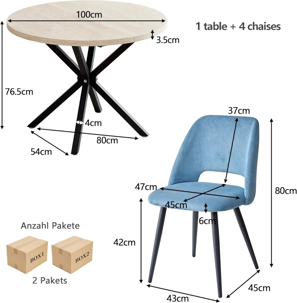 GrandCA HOME Set Tavolo e Sedie da Pranzo,Tavolo Rotondo Moderno da 100 Cm,4 Sedia da Pranzo In Velluto a Coste Traforato,adatto Per Cucina, Soggiorno, Caffetteria(Travertino Giallo + Mix B)