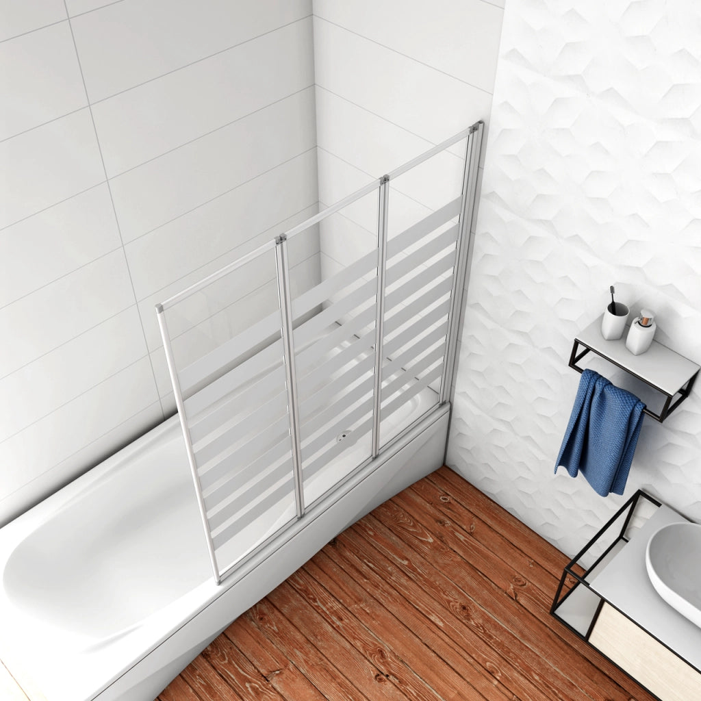 100x140 cm Parete Vasca da Bagno Doccia 3 Ante Pieghevoli a Libro Montaggio Verso Destro Vetro 4 mm Temperato Fasce Bianche Opache Telaio Argento Opaco