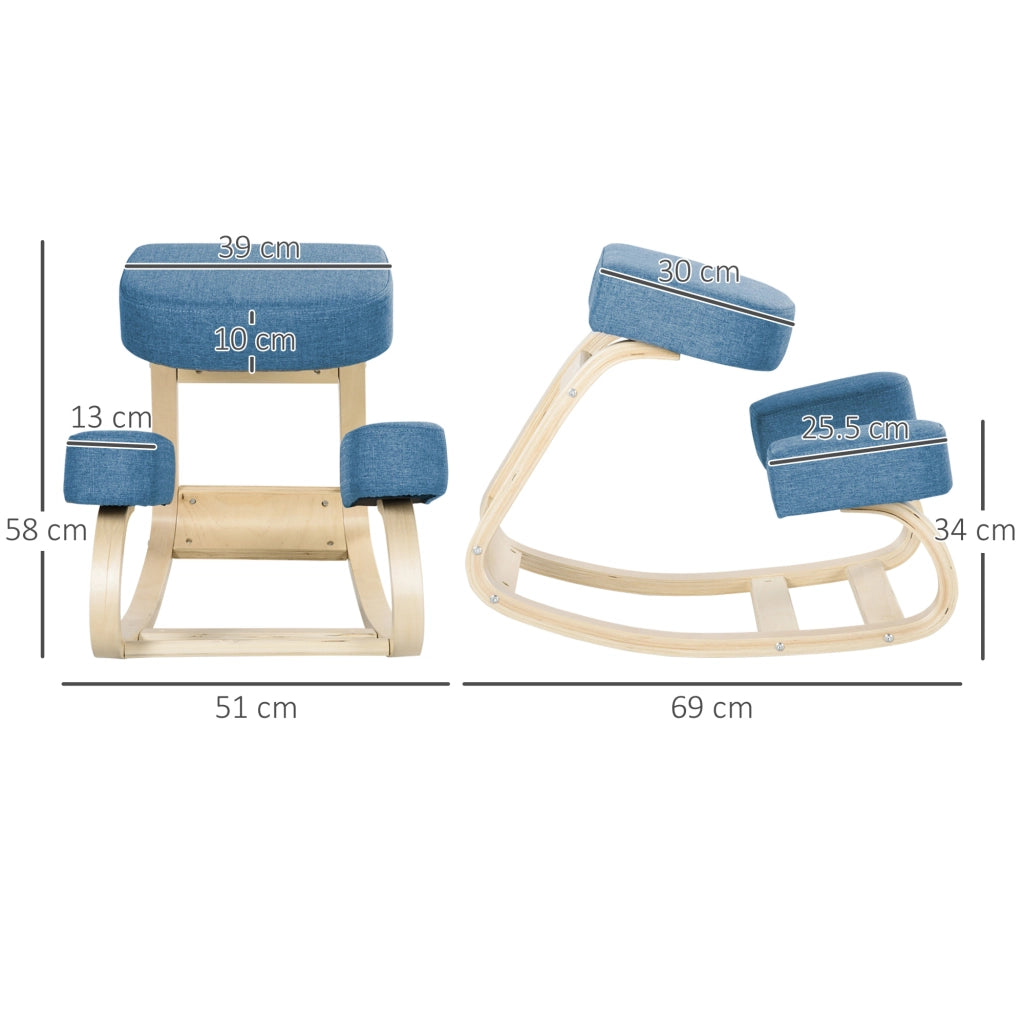 Sedia Ergonomica con Inginocchiatoio in Legno di Betulla e Cuscino, 51x69x58cm, Blu