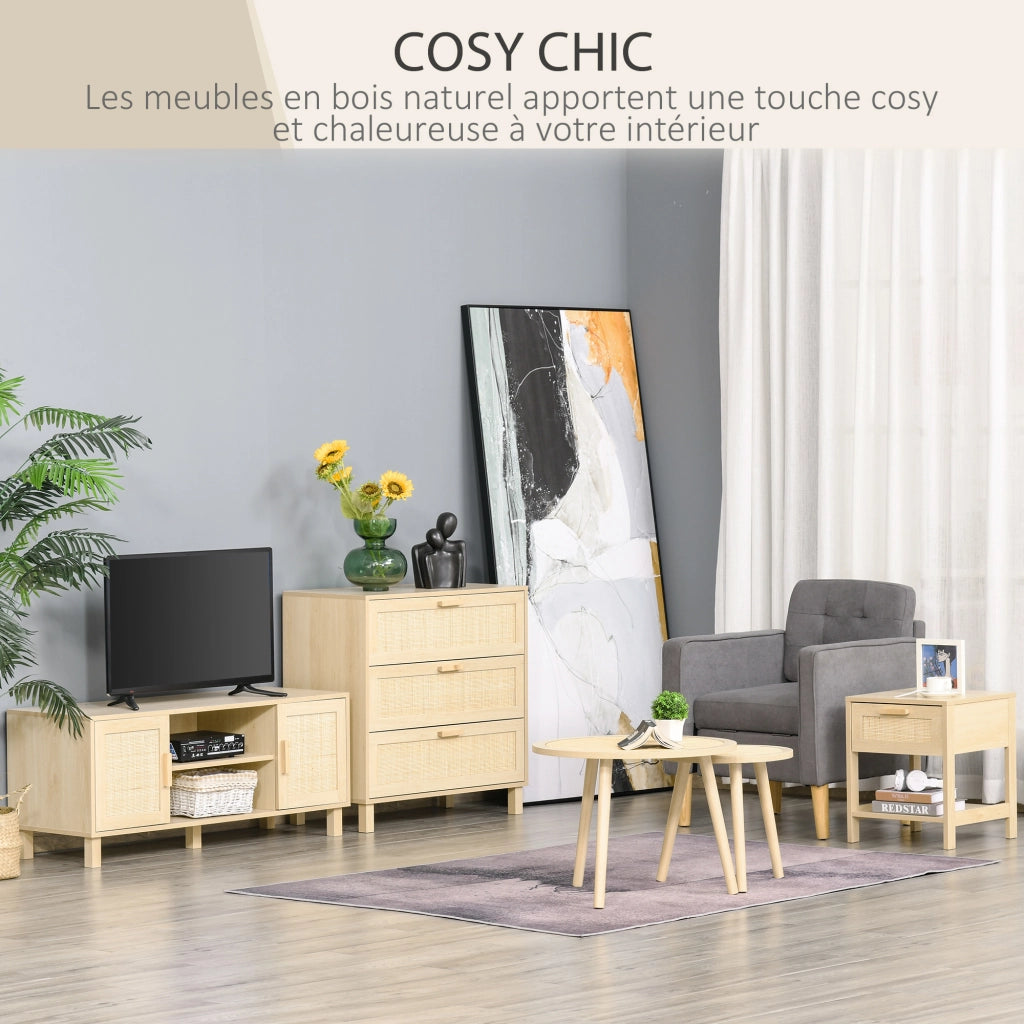 Comodino con cassetto e scaffale ¨C zephmum ¨C canna di rattan, legno chiaro, 40x40x48 cm