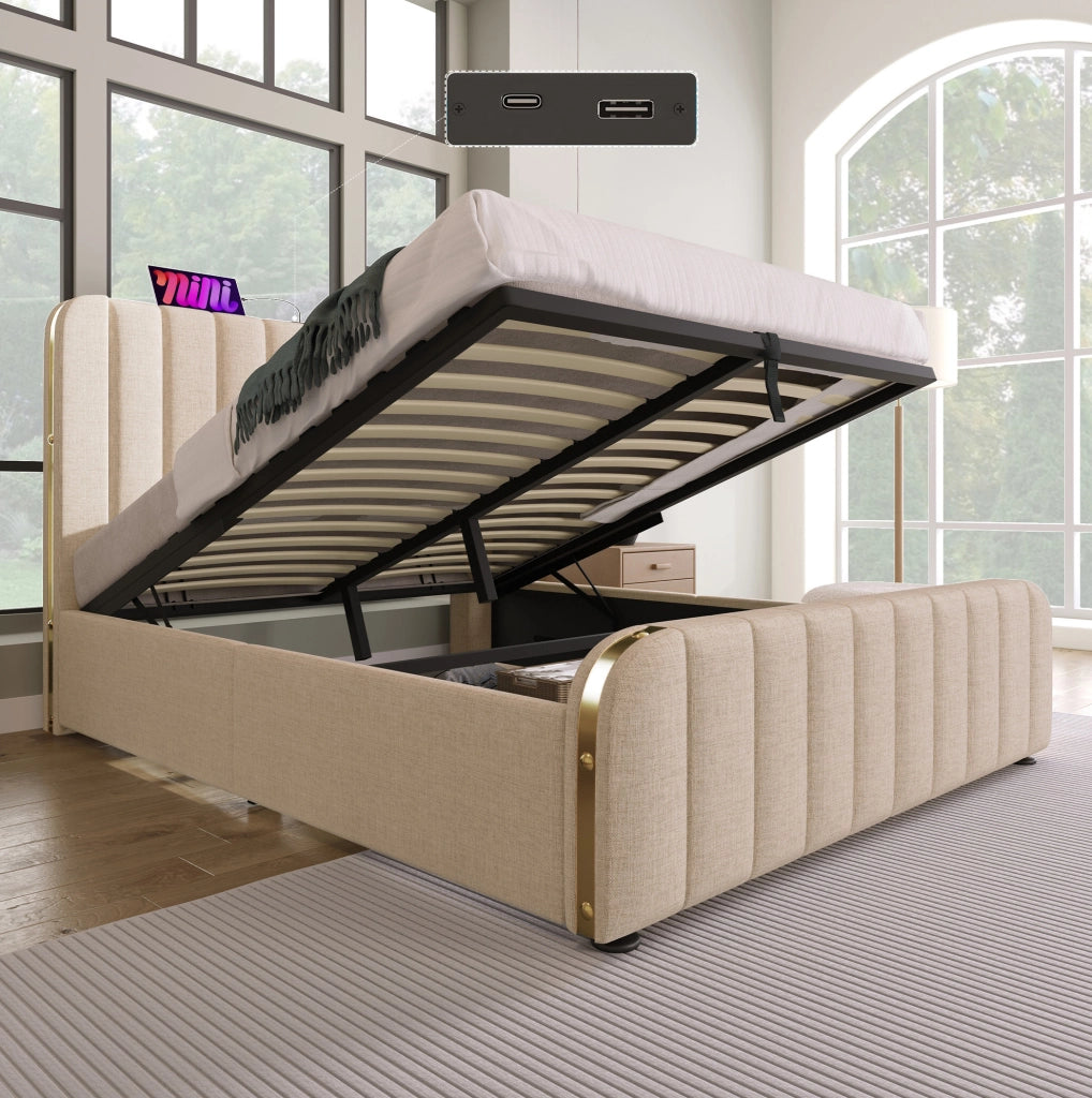 Letto matrimoniale imbottito 160x200 cm beige con contenitore idraulico e USB-C
