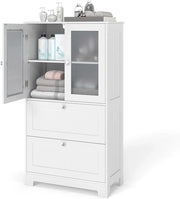 Mobile da Bagno con 2 Cassetti e Armadi a 2 Ante, Mobile Portaoggetti su Piedistallo Regolabile, Armadio Verticale con Dispositivo Antiribaltamento, 60 x 30 x 108 cm, Bianco