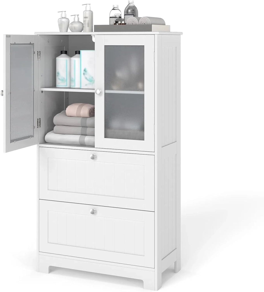 Mobile da Bagno con 2 Cassetti e Armadi a 2 Ante, Mobile Portaoggetti su Piedistallo Regolabile, Armadio Verticale con Dispositivo Antiribaltamento, 60 x 30 x 108 cm, Bianco
