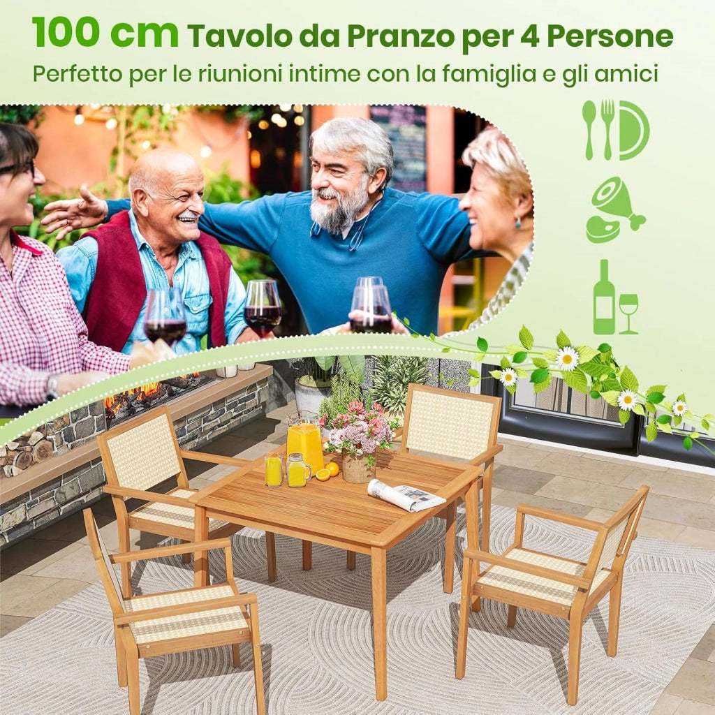 Tavolo da Pranzo Esterno 100 cm, Tavolo Quadrato da Giardino in Legno di Acacia, con Foro per Ombrellone 5 cm, 4 Posti, 100 x 100 x 75,5 cm, Portata 80 kg (100 x 100 x 75,5 cm)