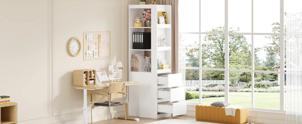 Libreria stretta salvaspazio con 3 vani aperti e 3 cassetti reversibile in truciolato bianco 60 × 40 × 200 cm