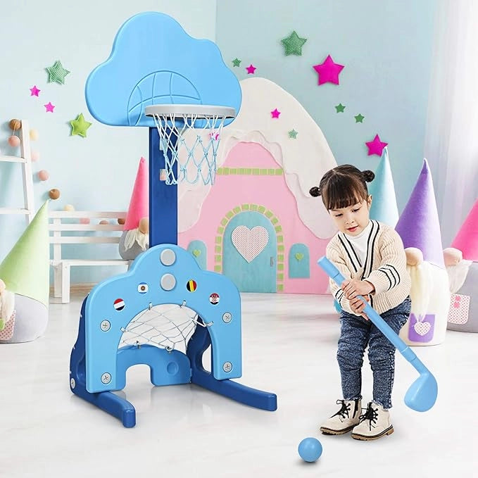 Basket per Bambini Centro attività Multifunzione - Palla Canestro, Calcio e Golf, Mazza da Golf e Palle incluese, per Bambini, Altezza Regolabile (Nuvola Azzurra)