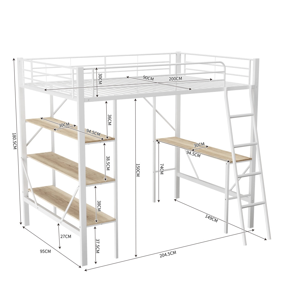 Letto a soppalco; Letto singolo con scrivania e 3 ripiani; 90×200 cm; senza materasso; metallo e MDF; Bianco