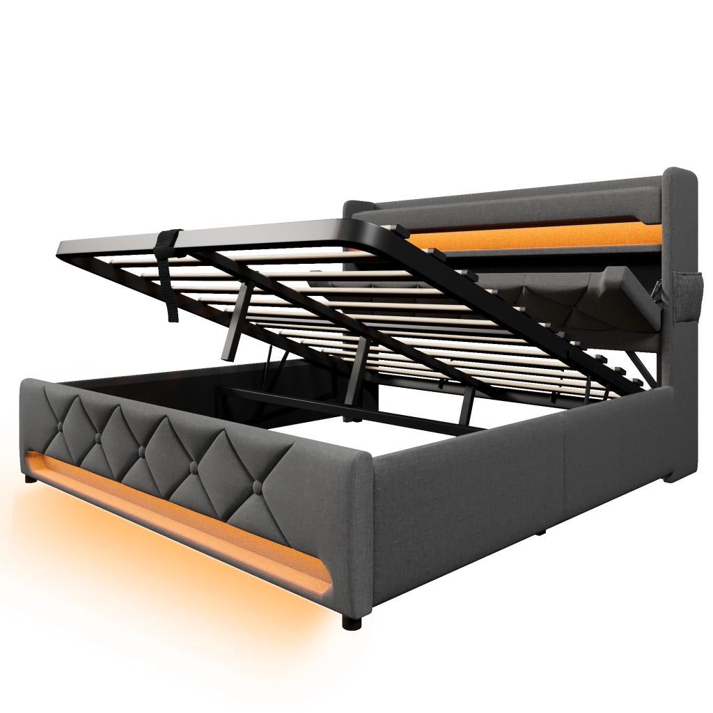OKWISH Letto Contenitore 140×200 cm, Letto Matrimoniale con LED 360°, USB, Type C e Testiera Contenitore, senza Materasso, Lino, Grigio