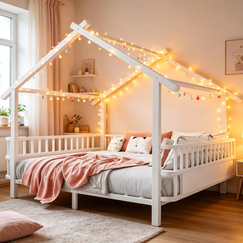 Letto Casetta 140 x 200 cm - Sponde di sicurezza; Struttura a tetto; in Metallo Bianco