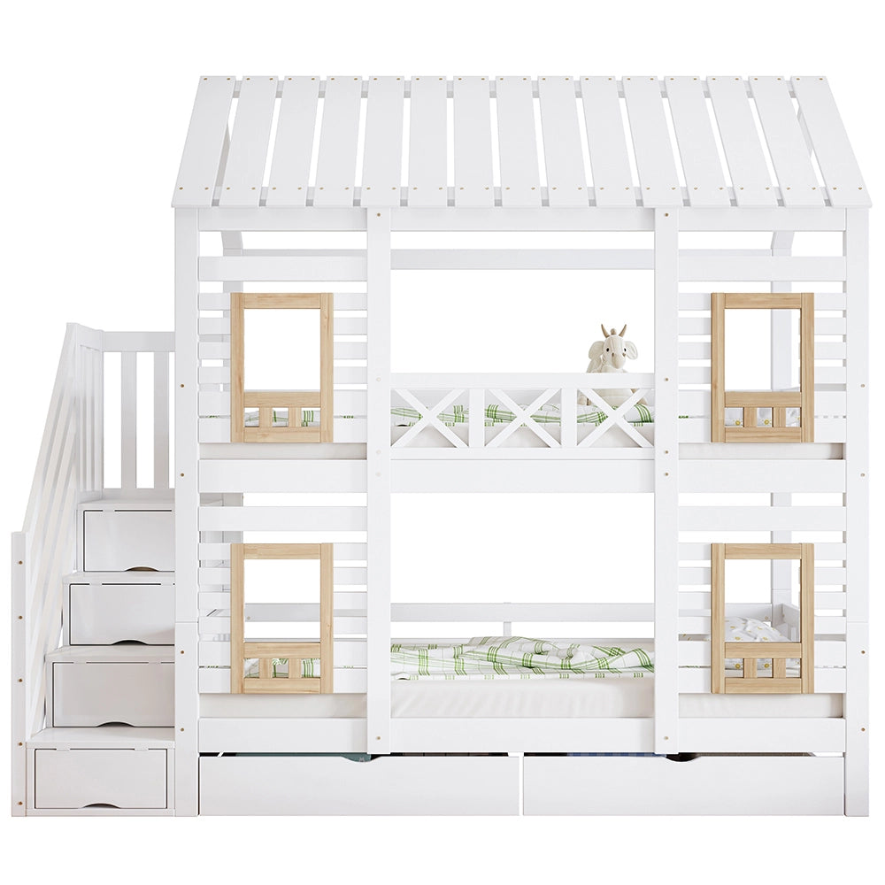 Letto a castello sicurezza - Xylo - 90x200cm bianco/naturale, 2 cassetti